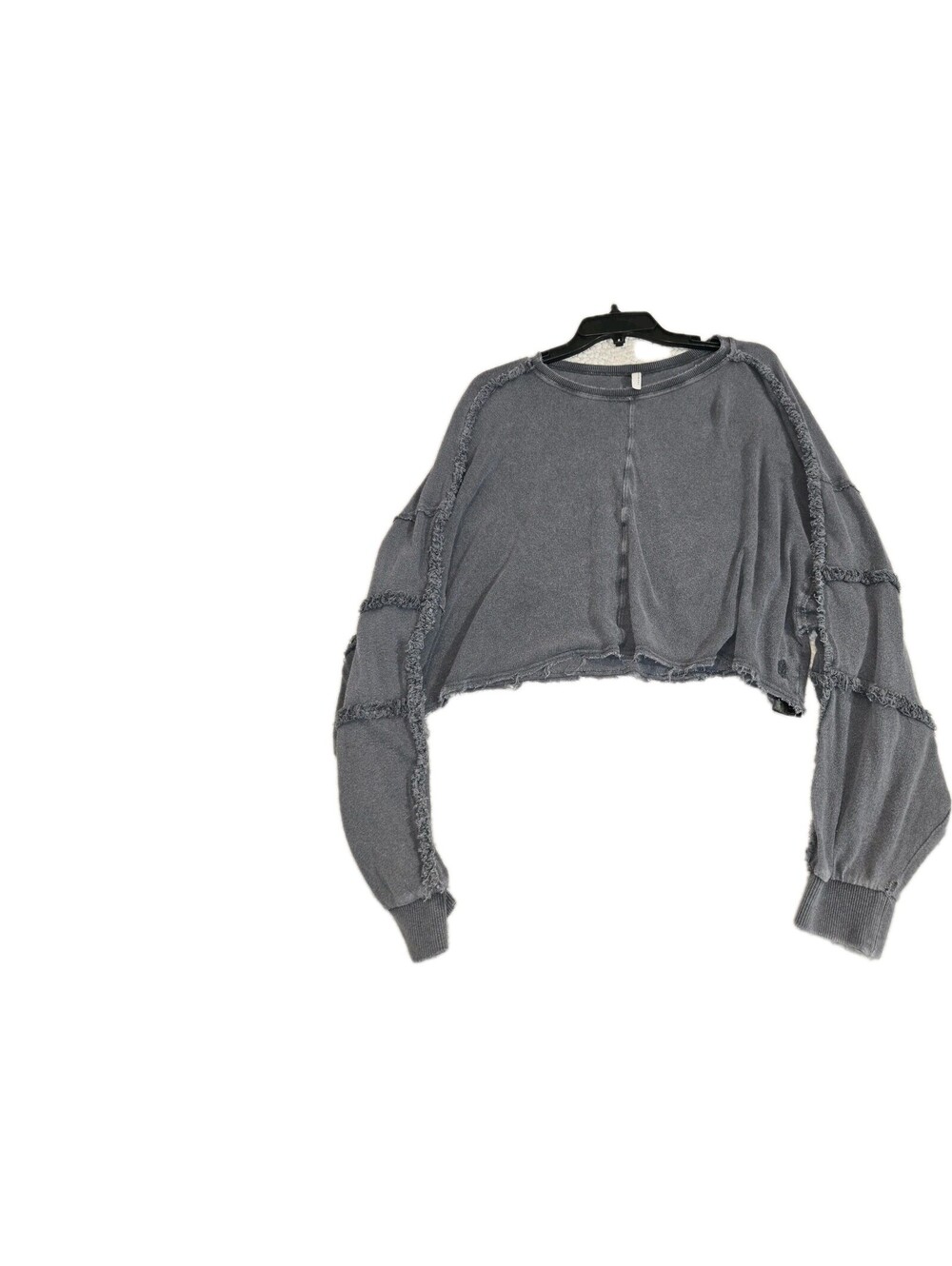 free people movement Cropped sweatshirt Sz M Gray Balloon Sleeves With Fringe...